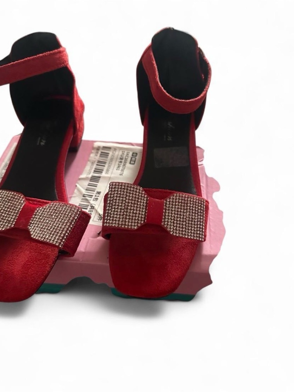 Girls Red Rhinestone Bow Ankle-Strap Dress Shoes